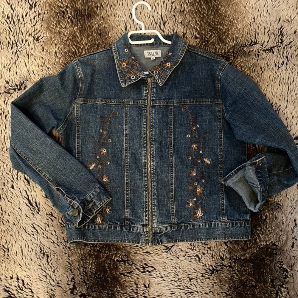 Vintage SNAZZIE Zip Front Embroidered Denim Jacket